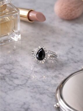 Black Onyx Pear Halo Ring | Double Band | Size 5.5–6
